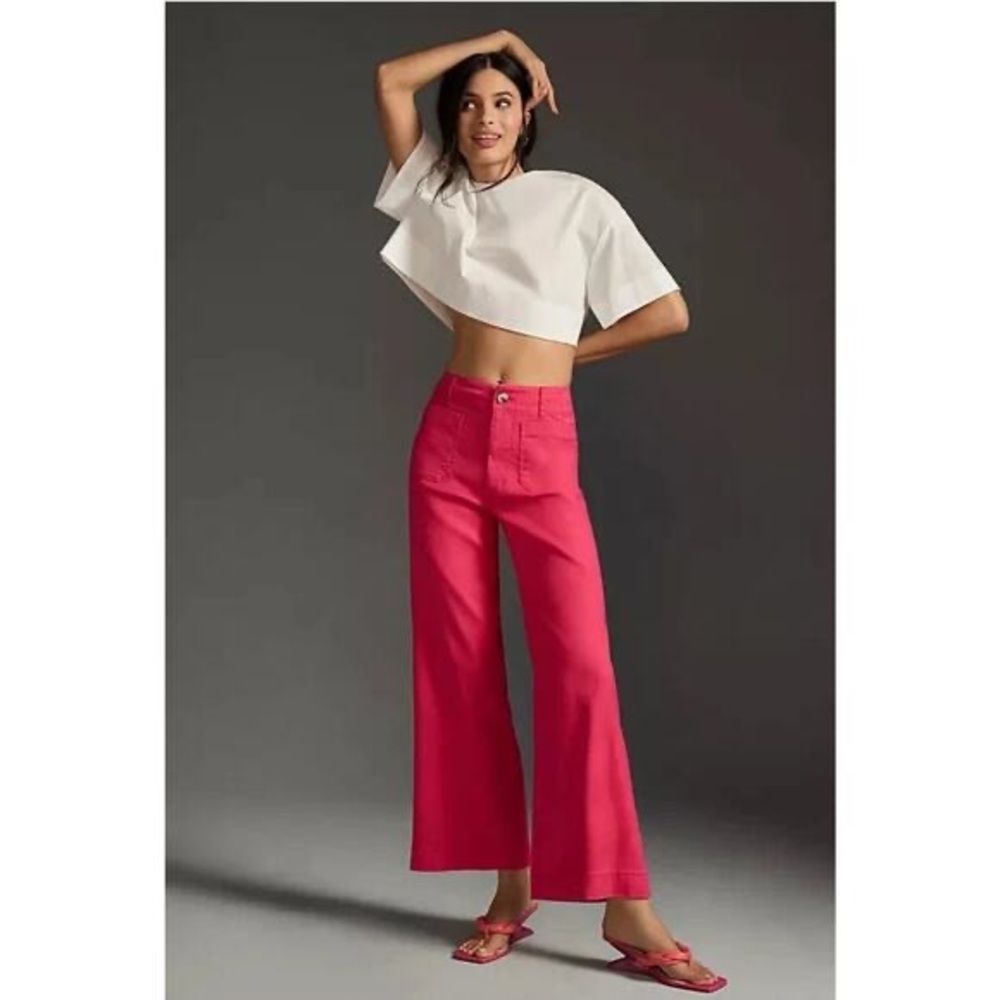 Anthropologie Maeve The Colette Cropped Linen Wide-Leg Pant Rose Pink New